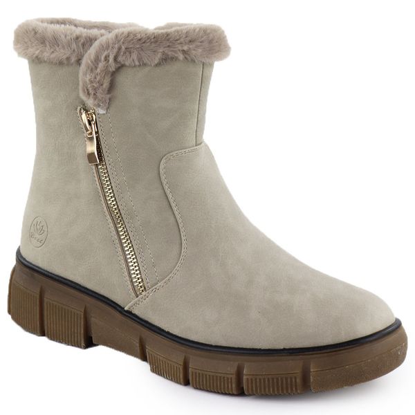 Botki damskie ocieplane na platformie beżowe Jezzi 9407. Brązowe botki Jezzi, bez wzorów, ze skóry ekologicznej, bez obcasa, na platformie, bez zapięcia. Za 149.49 zł.