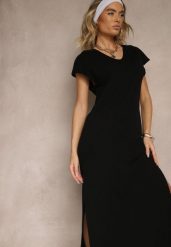 Czarna Sukienka z Bawełny o Pudełkowym Kroju i Dekolcie w V i Rozcięciami Natindra. Czarne sukienki Renee, na spotkanie biznesowe, m, bez wzorów, z bawełny, eleganckie, bez kołnierzyka, bez ramiączek, maxi. Za 59.99 zł.