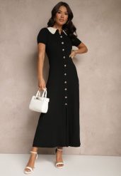 Czarna Wiskozowa Sukienka Rozkloszowana Retro z Guzikami i Kołnierzem Ardival. Czarne sukienki Renee, na co dzień, z aplikacjami, z materiału, eleganckie, bez kołnierzyka, bez ramiączek, maxi, proste. Za 139.99 zł.