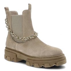Botki damskie Karino, naturalna skóra zamszowa z elastyczną cholewką ozdobnym metalowym łańcuchem oraz masywną podeszwą, beżowe, 3952-001-P. Brązowe botki Karino, bez wzorów, ze skóry, bez obcasa, bez zapięcia. Za 339.00 zł.
