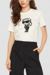 KARL LAGERFELD Beżowy damski t-shirt Ikon Sketch Karl, Rozmiar S. Brązowe t-shirty KARL LAGERFELD, s, bez wzorów, z materiału, bez kołnierzyka, bez ramiączek. W wyprzedaży za 199.99 zł.