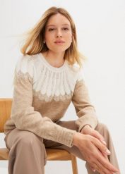 Sweter ażurowy. Brązowe swetry bonprix, w ażurowe wzory, bez ramiączek. Za 124.99 zł.