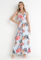 Jasnoniebieska Rozkloszowana Sukienka Maxi z Kopertowym Dekoltem Gianina. Niebieskie sukienki Born2be, l, bez wzorów, bez kołnierzyka, bez ramiączek, maxi, kopertowe. Za 64.99 zł.