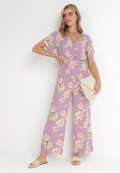 Różowy Kwiecisty Kombinezon z Gumką w Pasie i Kopertowym Dekoltem Coralyna. Czerwone sukienki Born2be, na lato, l, bez wzorów, bez kołnierzyka, bez ramiączek, mini, kopertowe. Za 69.99 zł.