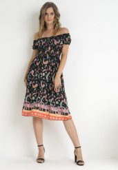 Czarna Rozkloszowana Sukienka Bawełniana Hiszpanka we Wzór Paisley Dottia. Czarne sukienki Born2be, l, bez wzorów, z bawełny, bez kołnierzyka, bez ramiączek, midi, rozkloszowane. Za 39.99 zł.