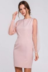 Sukienka na wesele wieczorowa z bufiastymi rękawami z siateczki różowa. Czerwone sukienki Sukienki.shop, na wesele, xl, bez wzorów, eleganckie, bez kołnierzyka, bez ramiączek, mini, dopasowane. Za 229.00 zł.