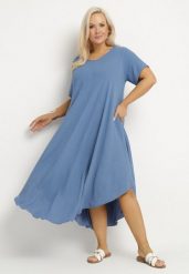 Niebieska Rozkloszowana Sukienka z Bawełną Elzedia. Niebieskie sukienki Born2be, na co dzień, xl, bez wzorów, z bawełny, eleganckie, bez kołnierzyka, bez ramiączek, midi, rozkloszowane. Za 69.99 zł.