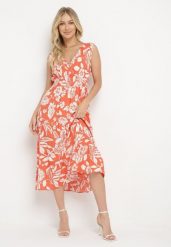 Pomarańczowa Rozkloszowana Sukienka z Wiskozy w Kwiaty z Gumką w Talii Eranea. Brązowe sukienki Born2be, m, bez wzorów, z jeansu, eleganckie, bez kołnierzyka, bez ramiączek, midi, rozkloszowane. Za 64.99 zł.