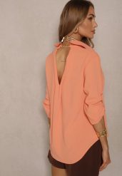 Pomarańczowa Koszula Ozdobiona Podwijanymi Rękawami Doviraella. Brązowe koszule Renee, l, bez wzorów, z jeansu, eleganckie, bez kołnierzyka, bez ramiączek. Za 49.99 zł.