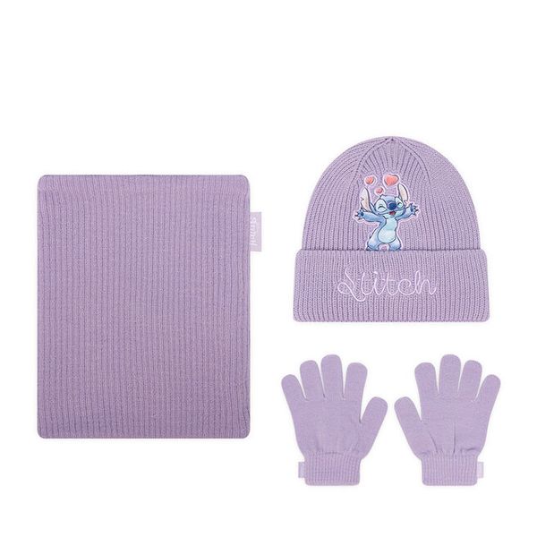 Komplet czapka, komin i rękawiczki Disney Classics. Fioletowe czapki Disney Classics, bez wzorów. Za 69.99 zł.
