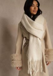 Jasnobeżowy Szalik Ozdobiony Frędzlami Owedela. Brązowe szaliki Renee, bez wzorów, z jeansu, street. Za 39.99 zł.