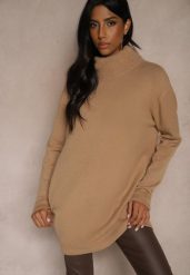Beżowy Casualowy Golf Oversize z Wiskozą i Modalem Emira. Brązowe golfy Renee, m, bez wzorów, z wiskozy, bez ramiączek. Za 79.99 zł.