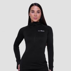 Bluza damska do biegania z kapturem Pulse 1/2 Zip. Czarne bluzy GYMBEAM, s, bez wzorów, z elastanu, z kapturem. Za 127.90 zł.