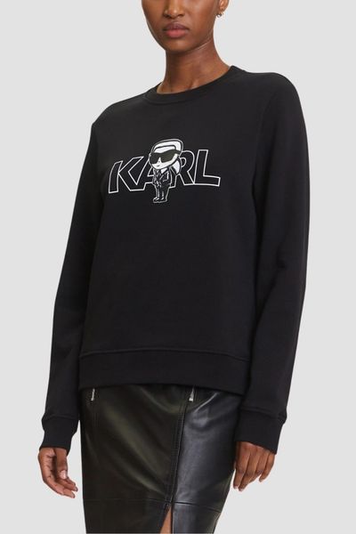 KARL LAGERFELD Czarna bluza damska Ikon z nadrukiem, Rozmiar XS. Czarne bluzy KARL LAGERFELD, uniwersalny, bez wzorów, z bawełny, bez kaptura. W wyprzedaży za 469.99 zł.