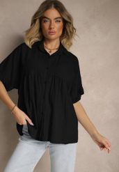 Czarna Koszula z Wiskozą Ozdobiona Falbankami Oleldi. Czarne koszule Renee, bez wzorów, z jeansu, eleganckie, bez kołnierzyka, bez ramiączek. Za 54.99 zł.