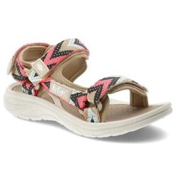 Sandały damskie Lee Cooper, cholewka z materiału tekstylnego wielokolorowe paski z geometrycznym wzorem, beżowe, LCW-26-34-4429L. Brązowe sandały Lee Cooper, bez wzorów, bez obcasa, bez zapięcia. Za 109.00 zł.