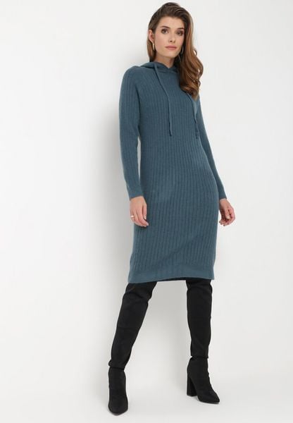 Ciemnozielona Wełniana Sukienka z Kapturem w Prążki Tyrwe. Zielone sukienki Born2be, na co dzień, bez wzorów, z jeansu, eleganckie, bez kołnierzyka, bez ramiączek, midi, proste. Za 109.99 zł.