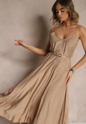 Ciemnobeżowa Wiskozowa Sukienka o Rozkloszowanym Kroju Ozdobiona Cyrkoniami Tosnaria. Brązowe sukienki Renee, l, bez wzorów, z wiskozy, eleganckie, bez kołnierzyka, bez ramiączek, maxi, rozkloszowane. Za 64.99 zł.