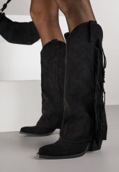 Czarne Kozaki Kowbojki na Obcasie z Wywiniętą Cholewką z Frędzlami Monasatia. Czarne kozaki Born2be, z dzianiny, bez obcasa, na obcasie, bez zapięcia. Za 179.99 zł.