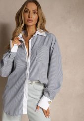 Biało-Czarna Wiskozowa Koszula Oversize z Kieszenią i Metalicznymi Aplikacjami Liseloria. Czarne koszule Renee, s, z aplikacjami, z jeansu, eleganckie, bez kołnierzyka, bez ramiączek. Za 104.99 zł.