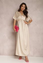 Jasnobeżowa Sukienka Satynowa Cythora. Brązowe sukienki Renee, bez wzorów, z satyny, eleganckie, bez kołnierzyka, bez ramiączek, maxi. Za 74.99 zł.