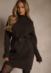 Brązowa Sukienka z Półgolfem z Dzianiny z Wiskozą i Dodatkiem Wełny Nessla. Brązowe sukienki Renee, na co dzień, s, bez wzorów, z dzianiny, eleganckie, bez kołnierzyka, bez ramiączek, mini. Za 139.99 zł.