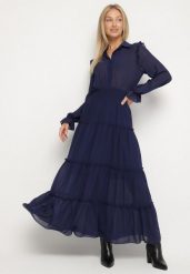 Granatowa Rozkloszowana Sukienka VICES Koszulowa w Stylu Retro Aravite. Niebieskie sukienki Born2be, na co dzień, l, bez wzorów, eleganckie, bez kołnierzyka, bez ramiączek, maxi, koszulowe. Za 149.99 zł.