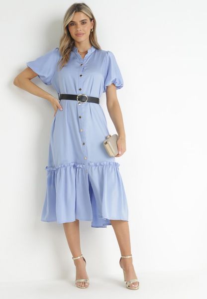 Niebieska Koszulowa Sukienka Midi z Falbanką i Paskiem z Klamerką Cadyjane. Niebieskie sukienki Born2be, na co dzień, l, bez wzorów, ze skóry, bez kołnierzyka, bez ramiączek, midi, koszulowe. Za 139.99 zł.