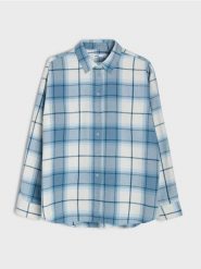 Flanelowa koszula w kratę z domieszką bawełny - błękitny. Niebieskie koszule Sinsay, l, bez wzorów, z bawełny, bez kołnierzyka, bez ramiączek. Za 49.99 zł.