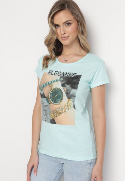 Miętowy Bawełniany T-shirt z Prostokątnym Nadrukiem i Brokatem Silpa. Zielone t-shirty Born2be, l, bez wzorów, z bawełny, bez kołnierzyka, bez ramiączek. Za 49.99 zł.