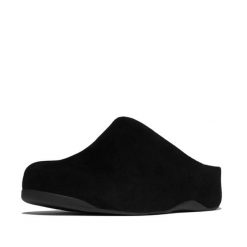 Damskie klapki z zamszu FitFlop Shuv. Czarne klapki FIT FLOP, bez wzorów, z materiału, bez obcasa. Za 718.50 zł.