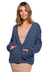 Krótki sweter rozpinany z wełną zapinany na guziki granatowy. Niebieskie kardigany Polskie swetry, l, bez wzorów, z nylonu. Za 259.00 zł.