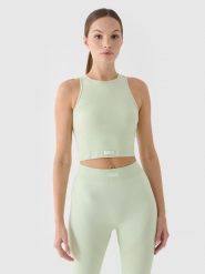 4F Crop top treningowy slim szybkoschnący damski - turkusowy M/L. Niebieskie koszulki sportowe 4f, bez wzorów, z dzianiny, bez ramiączek, na fitness i siłownię. W wyprzedaży za 39.99 zł.