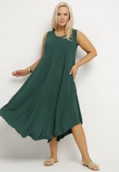 Ciemnozielona Rozkloszowana Sukienka z Bawełną Nairilo. Zielone sukienki Born2be, na spacer, na lato, xl, bez wzorów, z bawełny, eleganckie, bez kołnierzyka, bez ramiączek, midi, rozkloszowane. Za 74.99 zł.
