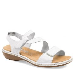Sandały Rieker. Białe sandały Rieker, bez wzorów, bez obcasa, na płaskiej podeszwie, bez zapięcia. Za 259.99 zł.