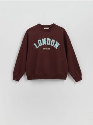Bluza z nadrukiem - ciemnobrązowy. Brązowe bluzy sportowe Reserved, l, bez wzorów, z bawełny, bez kaptura. Za 99.99 zł.