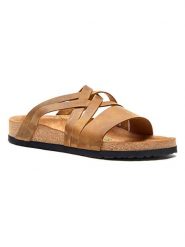 Comfortfusse Skórzane klapki w kolorze jasnobrązowym rozmiar: 41. Brązowe klapki Comfortfüße, bez wzorów, ze skóry, z otwartym noskiem, bez obcasa. Za 260.99 zł.