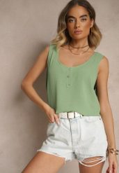 Jasnozielony Top z Bawełną Ozdobiony Guzikami Ulosiella. Zielone topy Renee, l, bez wzorów, z bawełny, bez kołnierzyka, bez ramiączek. Za 34.99 zł.