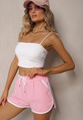Różowe Szorty Dresowe z Dodatkiem Bawełny High Waist Wykończone Lamówką Mivorina. Czerwone szorty Renee, bez wzorów, z bawełny, eleganckie, z podwyższonym stanem. Za 29.99 zł.