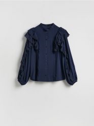 Koszula z falbanami - granatowy. Niebieskie koszule Reserved, l, bez wzorów, z tkaniny, bez kołnierzyka, bez ramiączek. Za 139.99 zł.