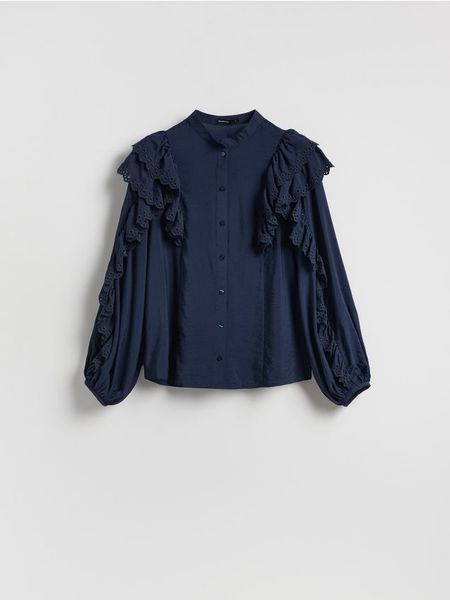 Koszula z falbanami - granatowy. Niebieskie koszule Reserved, l, bez wzorów, z tkaniny, bez kołnierzyka, bez ramiączek. Za 139.99 zł.