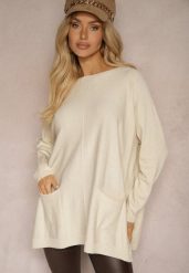 Jasnobeżowy Sweter z Wiskozą o Klasycznym Fasonie z Kieszonkami i Rozcięciami Nariselle. Brązowe swetry Renee, xl, bez wzorów, z dzianiny, bez ramiączek. Za 59.99 zł.