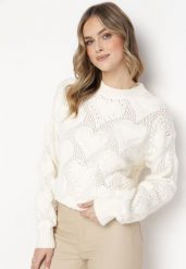 Jasnobeżowy Sweter w Serca o Klasycznym Fasonie ze Ściągaczami Biriet. Brązowe swetry Born2be, m, bez wzorów, z bawełny, bez ramiączek. Za 89.99 zł.
