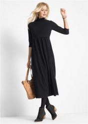 Sukienka shirtowa midi, rękawy 3/4. Czarne sukienki bonprix, bez wzorów, bez kołnierzyka, bez ramiączek, midi. Za 124.99 zł.
