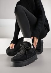 Czarne Sznurowane Sneakersy Śniegowce na Grubej Podeszwie Vamitte. Czarne trapery i śniegowce Born2be, z jeansu. Za 109.99 zł.