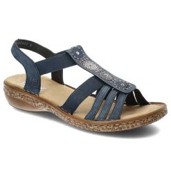 Granatowe Sandały Rieker Stylowe Buty Damskie. Niebieskie sandały Rieker, z aplikacjami, ze skóry ekologicznej, eleganckie, bez obcasa, bez zapięcia. Za 239.00 zł.