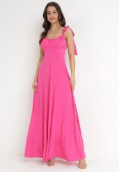 Ciemnoróżowa Rozkloszowana Sukienka Maxi z Wiązanymi Ramiączkami Lisija. Czerwone sukienki Born2be, m, bez wzorów, eleganckie, bez kołnierzyka, bez ramiączek, maxi, rozkloszowane. Za 129.99 zł.