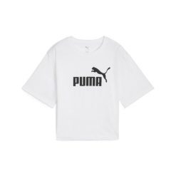 Damska luźna koszulka z logo NO.1 ESS Cropped PUMA. Białe bluzki Puma, bez wzorów, z jeansu, sportowe, bez kołnierzyka, bez ramiączek. Za 99.00 zł.