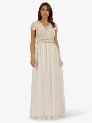 APART Sukienka w kolorze kremowym rozmiar: 42. Brązowe sukienki Apart, bez wzorów, z koronki, bez kołnierzyka, bez ramiączek, maxi. Za 260.99 zł.