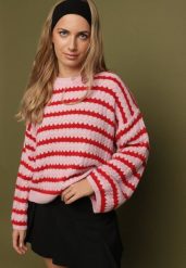 Różowo-Czerwony Sweter Oversize z Wełną i Wiskozą o Luźnym Splocie w Paski Ternose. Czerwone swetry Born2be, bez wzorów, z dzianiny, bez ramiączek. Za 149.99 zł.